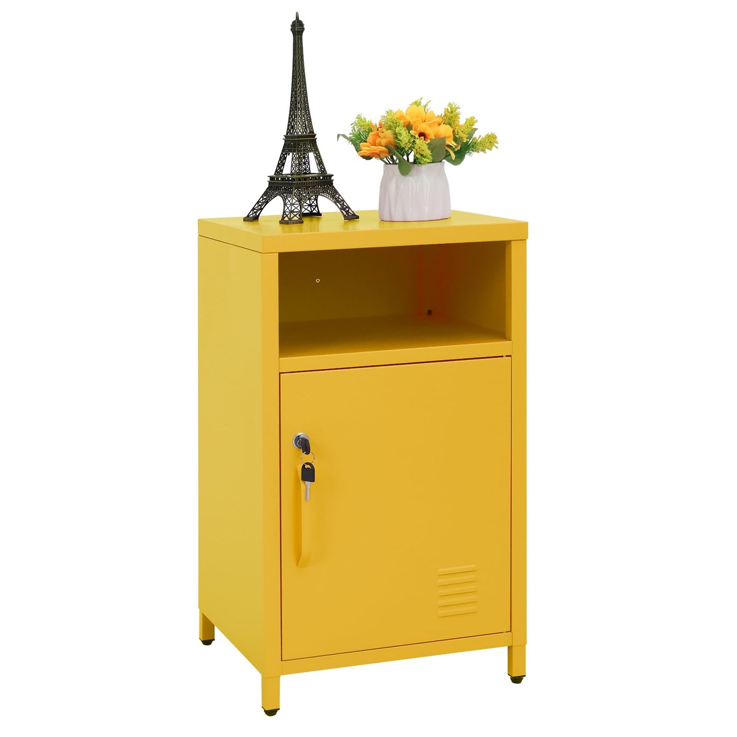 ALBAD Compact Metal Nightstand with Lockable Cabinet and Open Shelf, Modern Bedside Table, Versatile Side Table for Bedroom, Living Room, or Office (Orange, 26" H-Lockable Door)