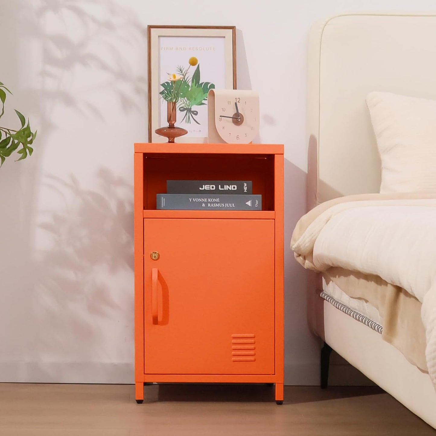 ALBAD Compact Metal Nightstand with Lockable Cabinet and Open Shelf, Modern Bedside Table, Versatile Side Table for Bedroom, Living Room, or Office (Orange, 26" H-Lockable Door)