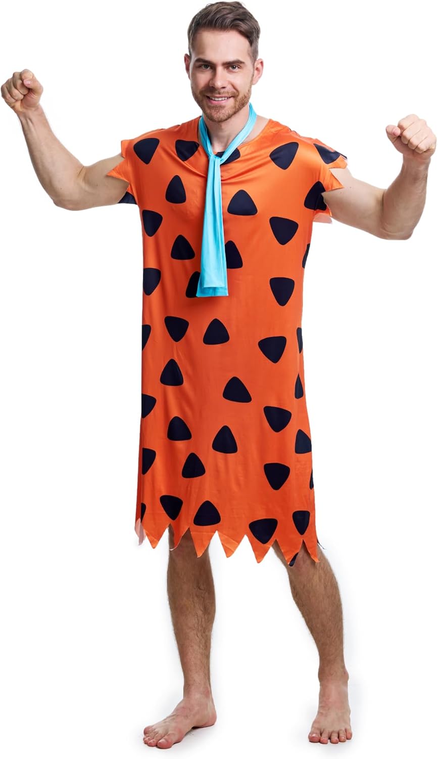 Halloween Men's Costume Adult Caveman Outfit, Orange & Brown for Cosplay & Family Parties