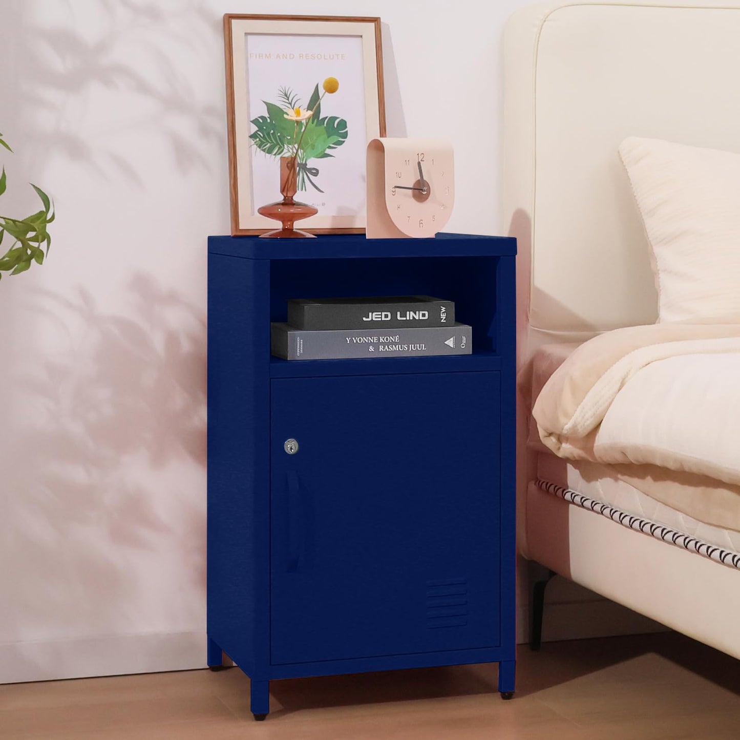 ALBAD Compact Metal Nightstand with Lockable Cabinet and Open Shelf, Modern Bedside Table, Versatile Side Table for Bedroom, Living Room, or Office (Orange, 26" H-Lockable Door)