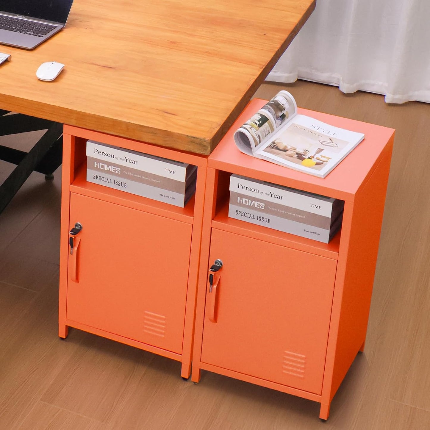 ALBAD Compact Metal Nightstand with Lockable Cabinet and Open Shelf, Modern Bedside Table, Versatile Side Table for Bedroom, Living Room, or Office (Orange, 26" H-Lockable Door)