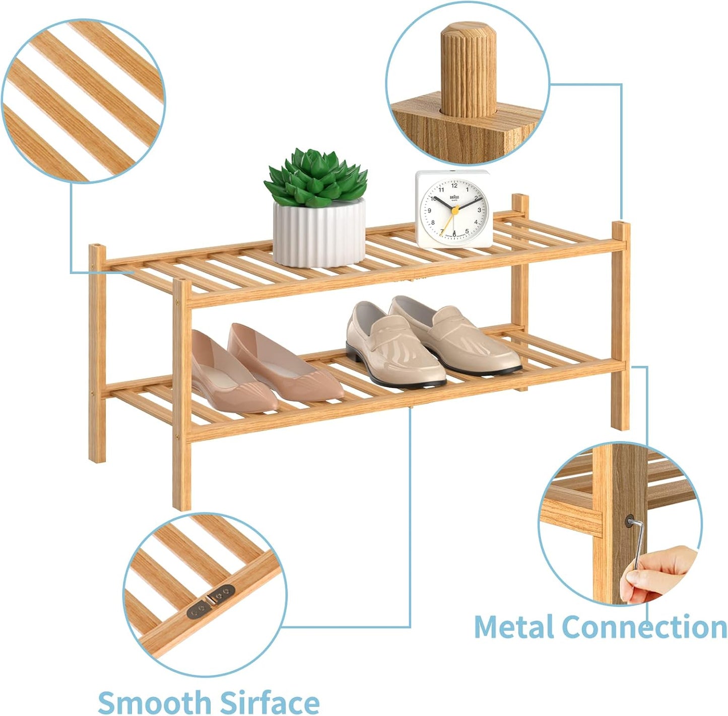 2 Tier Bamboo Shoe Rack for Closet Free Standing Wood Shoe Shelf Storage Organizer for Entryway Small Space Stackable, Natural