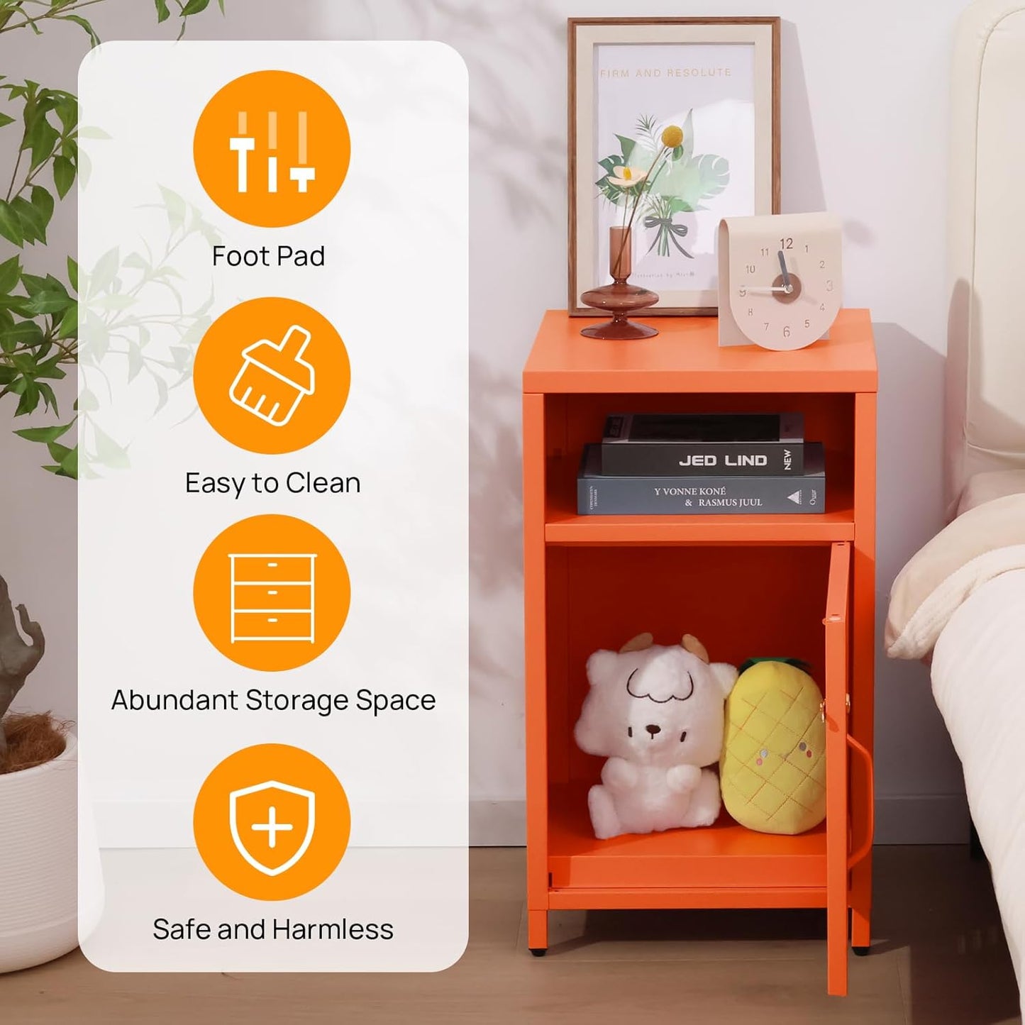ALBAD Compact Metal Nightstand with Lockable Cabinet and Open Shelf, Modern Bedside Table, Versatile Side Table for Bedroom, Living Room, or Office (Orange, 26" H-Lockable Door)