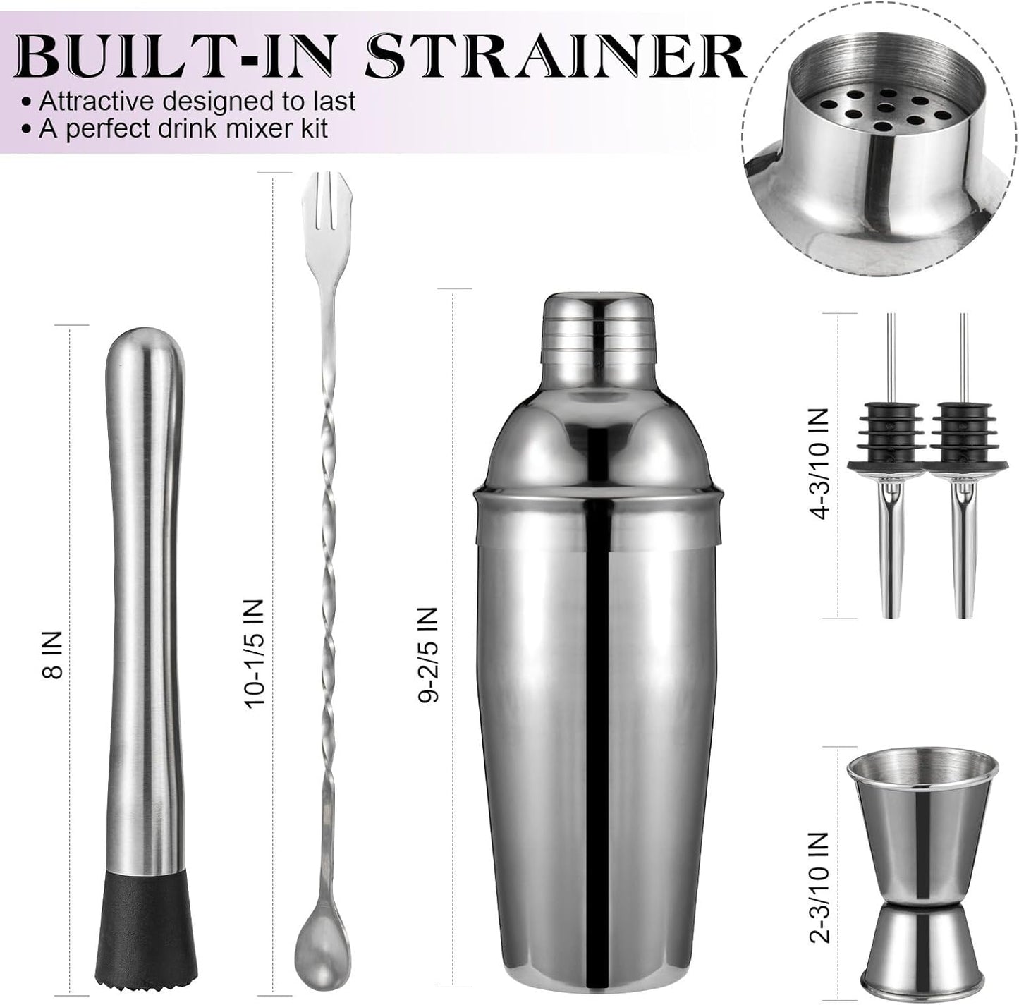 Cocktail Shaker Set, 6-Piece Mixology Bartender Kit Premium Shakers Bartending: Martini Shaker Jigger Mixing Spoon Muddler 2 Pourers Bar Tools Set with Built-in Bartender Strainer for Drink Shaker