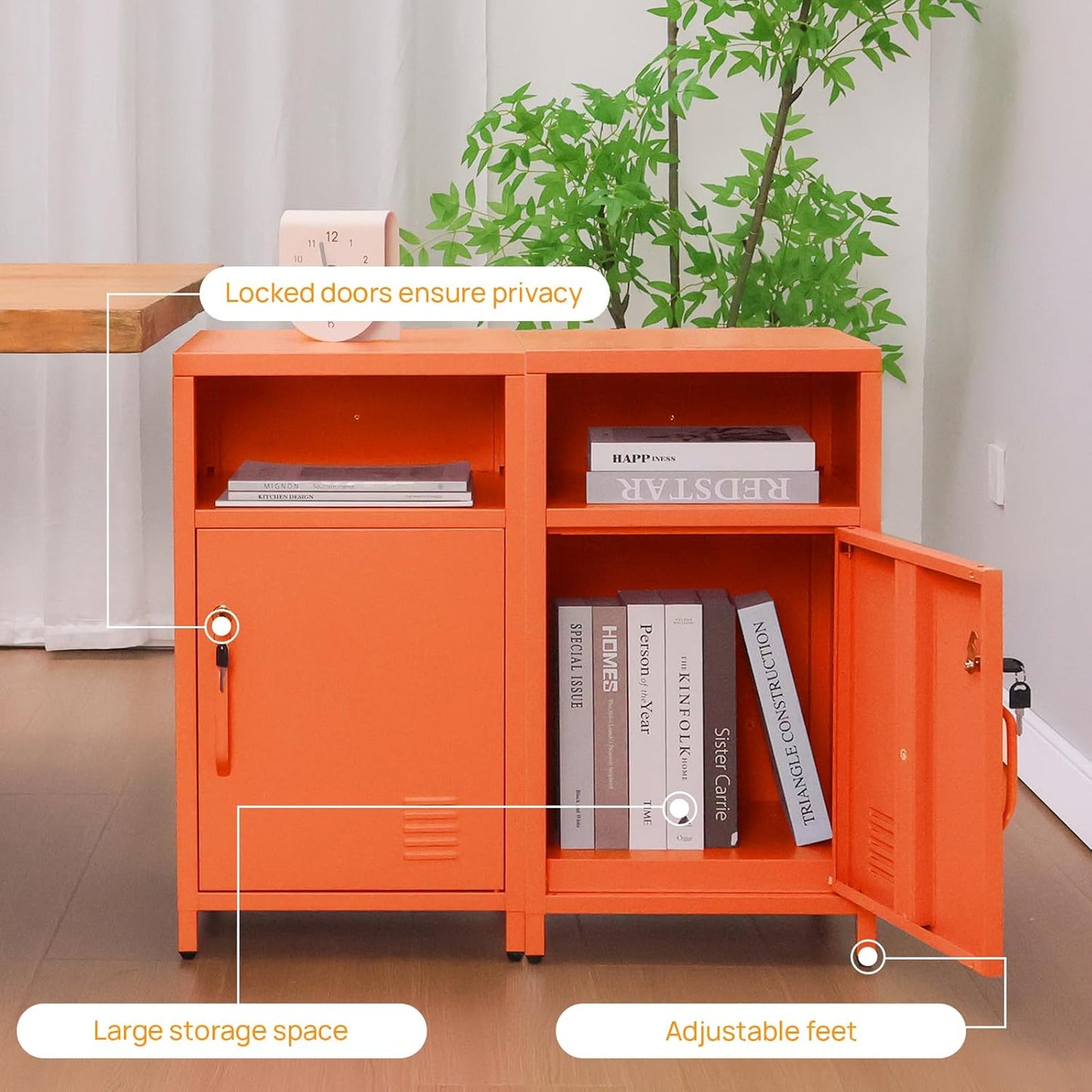 ALBAD Compact Metal Nightstand with Lockable Cabinet and Open Shelf, Modern Bedside Table, Versatile Side Table for Bedroom, Living Room, or Office (Orange, 26" H-Lockable Door)