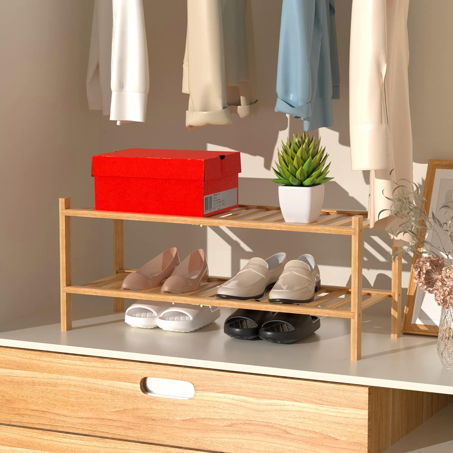 2 Tier Bamboo Shoe Rack for Closet Free Standing Wood Shoe Shelf Storage Organizer for Entryway Small Space Stackable, Natural