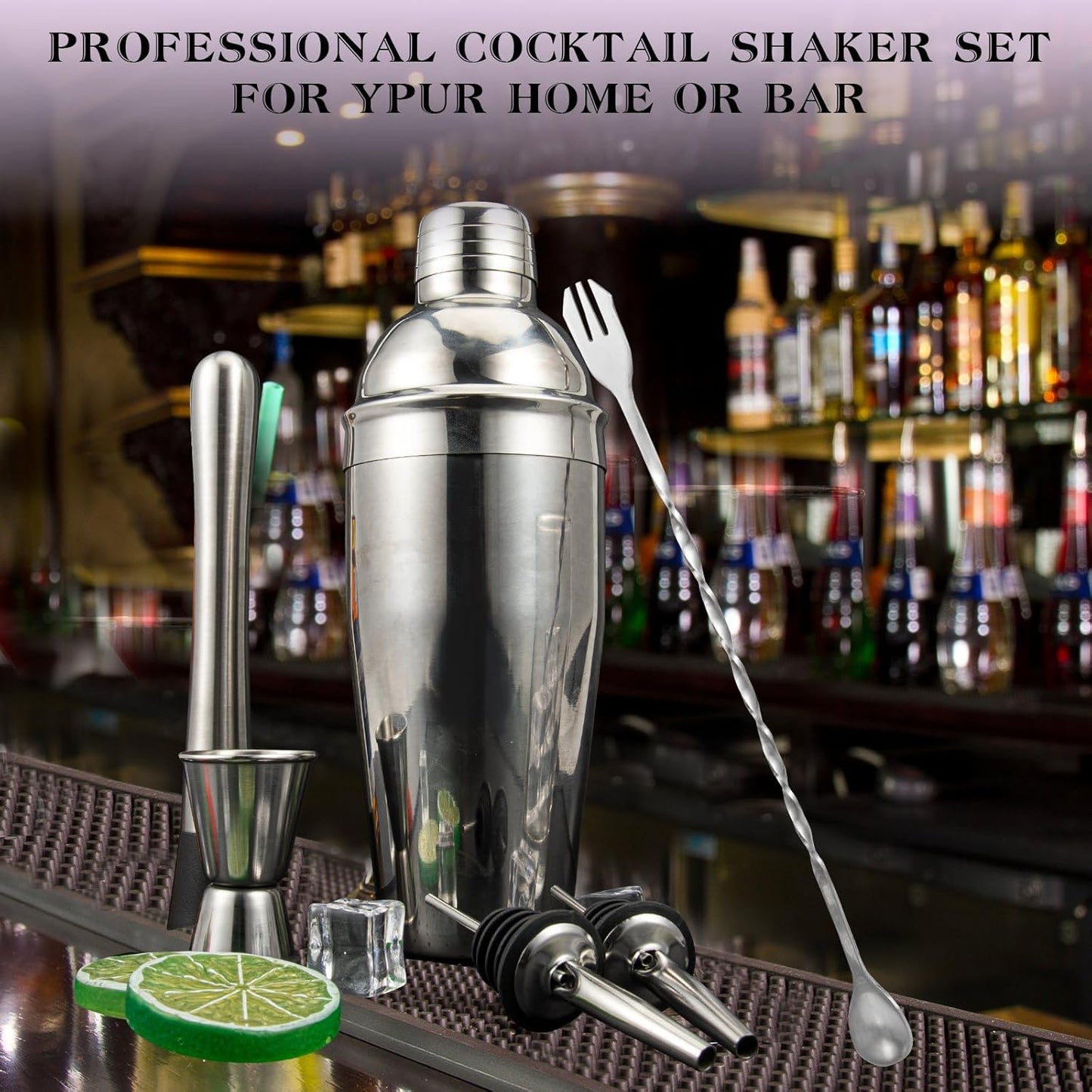 Cocktail Shaker Set, 6-Piece Mixology Bartender Kit Premium Shakers Bartending: Martini Shaker Jigger Mixing Spoon Muddler 2 Pourers Bar Tools Set with Built-in Bartender Strainer for Drink Shaker