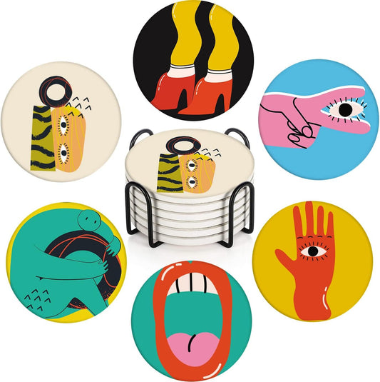Britimes Table Coaster for Drinks Set of 6, Cute Funny Vintage Music Retro Geometric Coffee Absorbent Round Ceramic Stone Mat, with Cork Base and Metal Holder, Gift for Housewarming Room Bar Decor