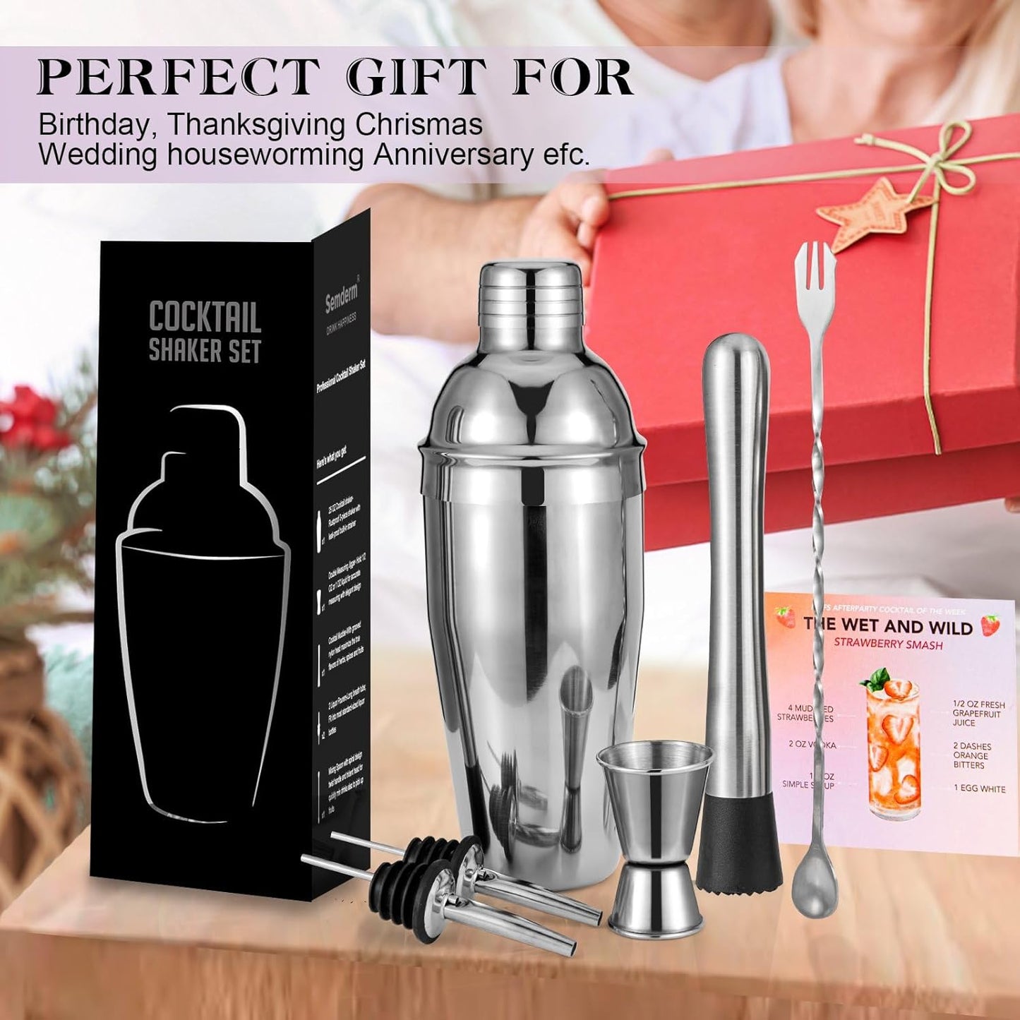 Cocktail Shaker Set, 6-Piece Mixology Bartender Kit Premium Shakers Bartending: Martini Shaker Jigger Mixing Spoon Muddler 2 Pourers Bar Tools Set with Built-in Bartender Strainer for Drink Shaker