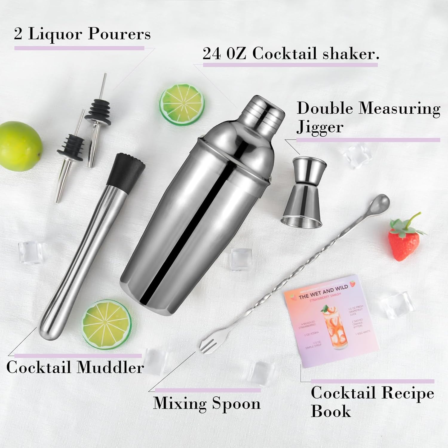 Cocktail Shaker Set, 6-Piece Mixology Bartender Kit Premium Shakers Bartending: Martini Shaker Jigger Mixing Spoon Muddler 2 Pourers Bar Tools Set with Built-in Bartender Strainer for Drink Shaker